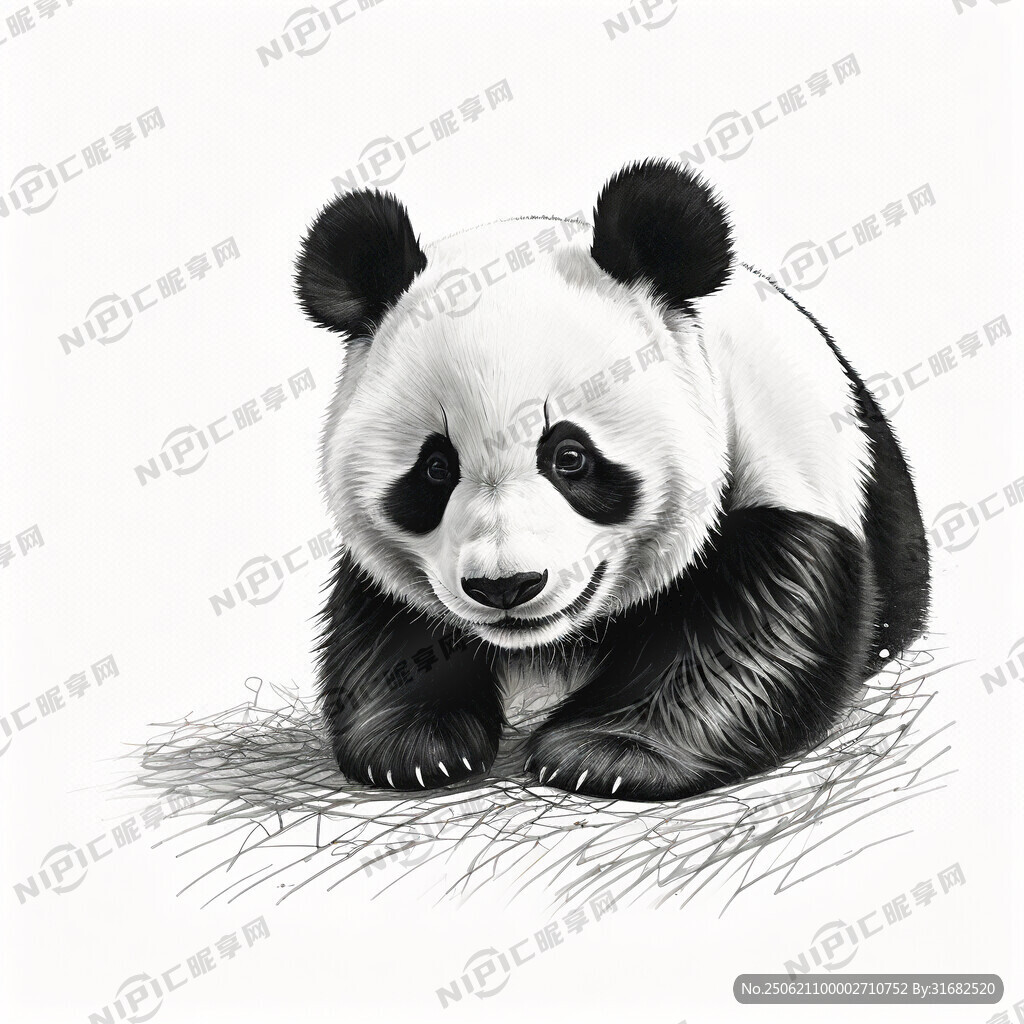 手绘 素描 大熊猫 插画 黑白