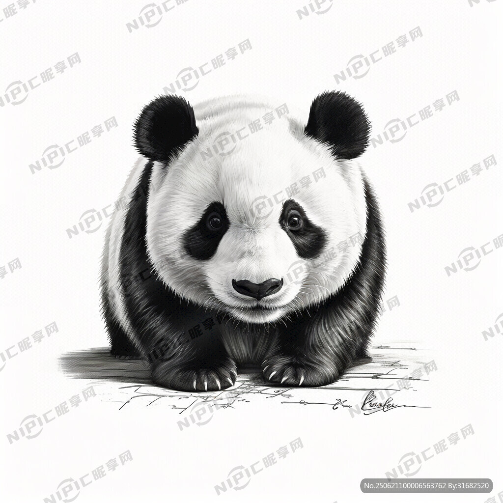 手绘 素描 大熊猫 插画 黑白