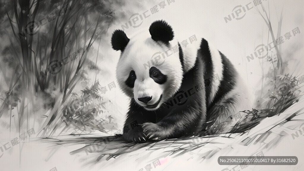 手绘 素描 大熊猫 插画 黑白