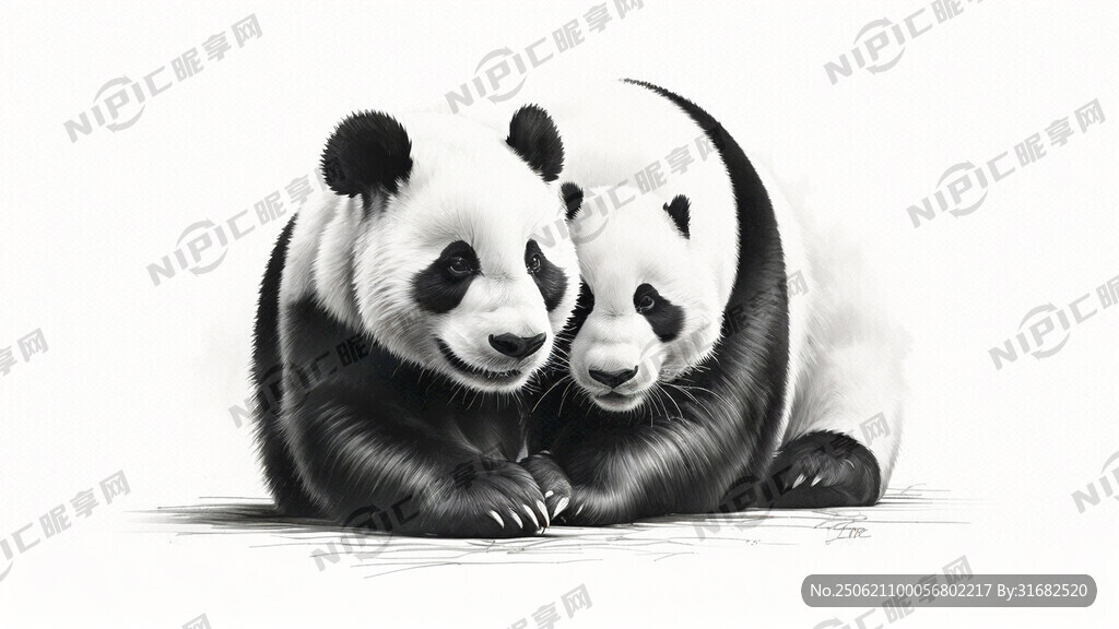 手绘 素描 大熊猫 插画 黑白