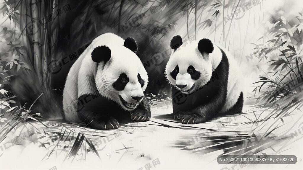 手绘 素描 大熊猫 插画 黑白