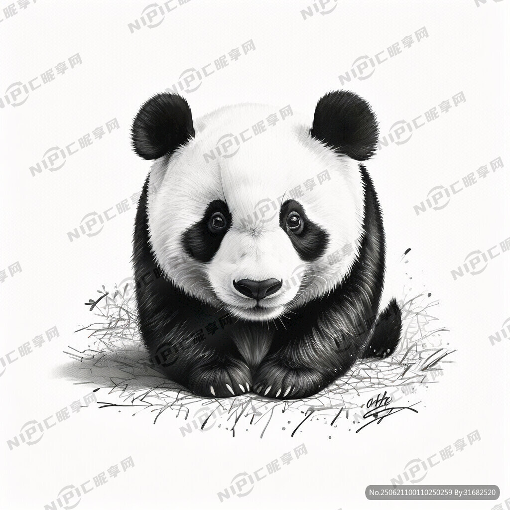 手绘 素描 大熊猫 插画 黑白