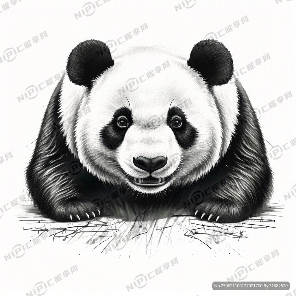 手绘 素描 大熊猫 插画 黑白