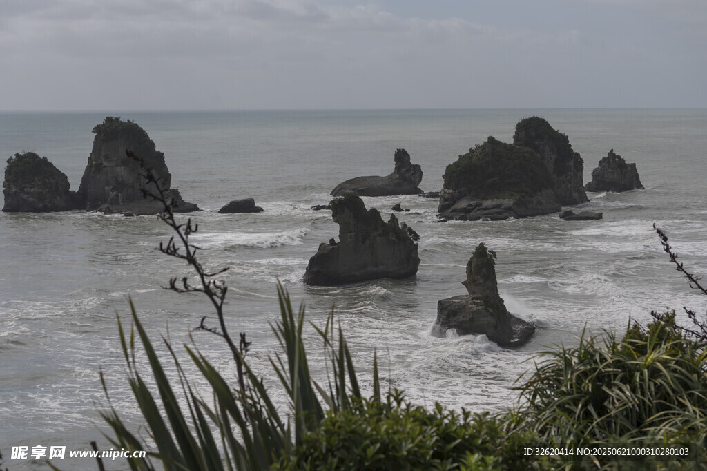 海岸边嶙峋礁石与绿植