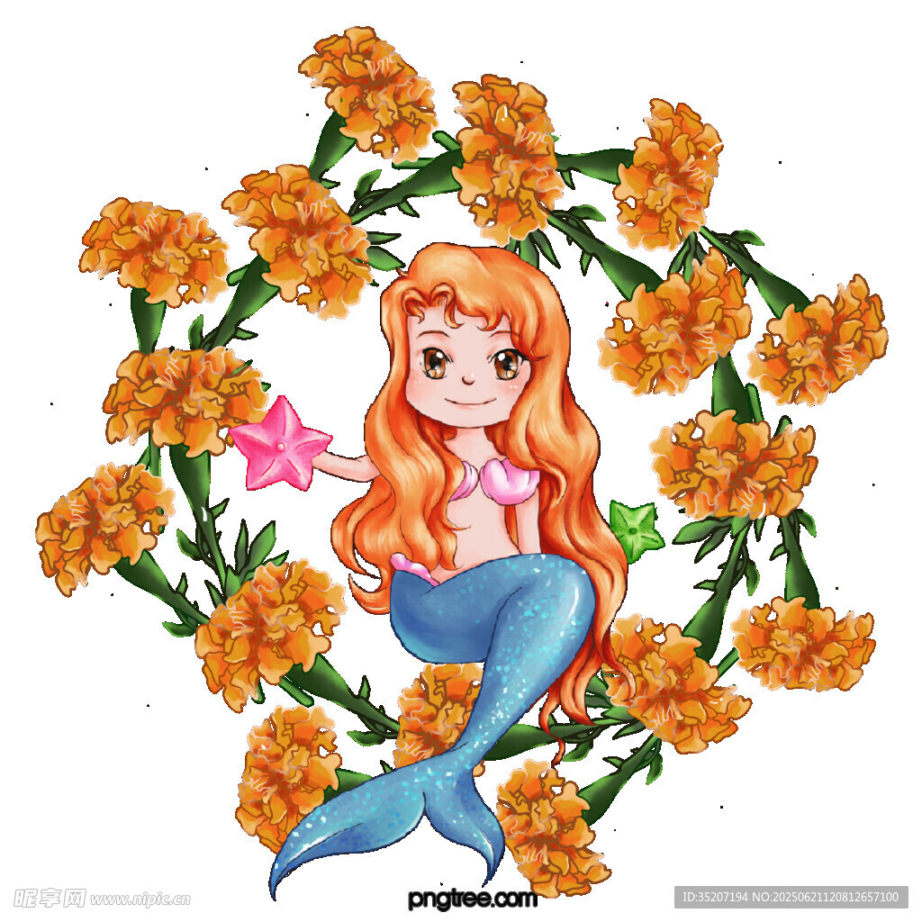 花丛中的美人鱼女孩