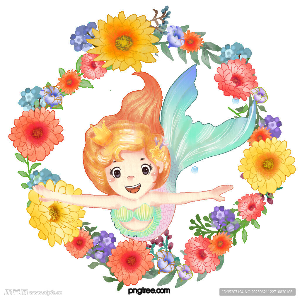 花环中的可爱小美人鱼