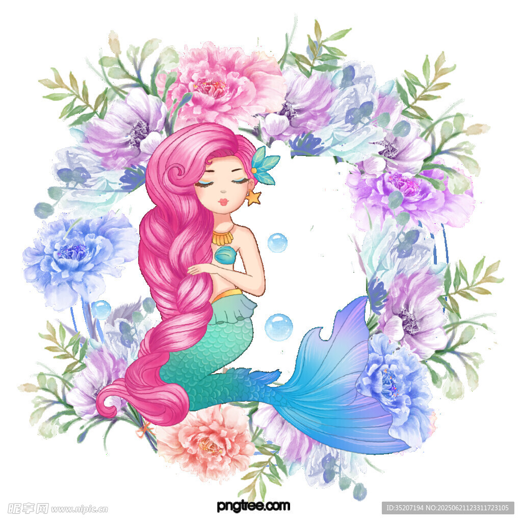 梦幻美人鱼置身花卉之中