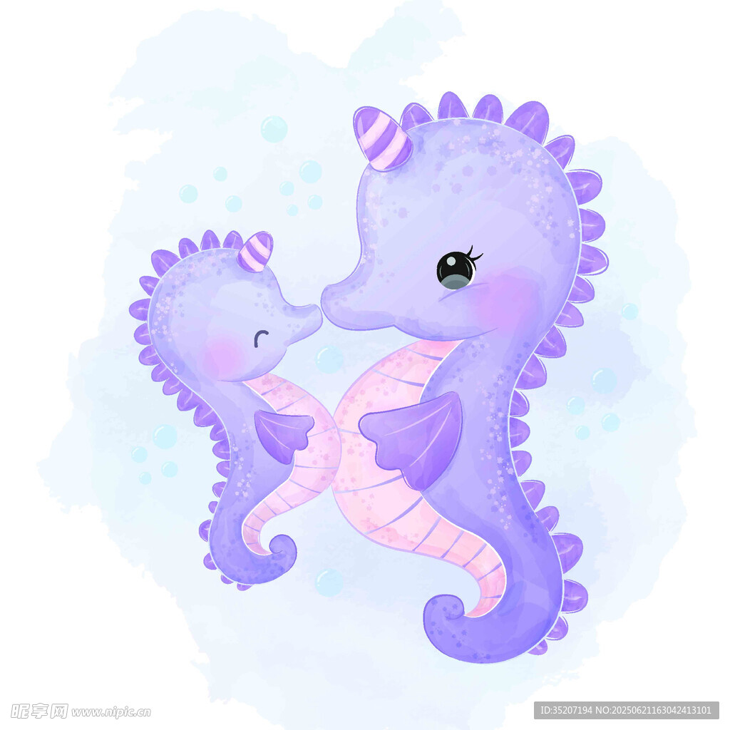 可爱紫色海马亲子温馨画面