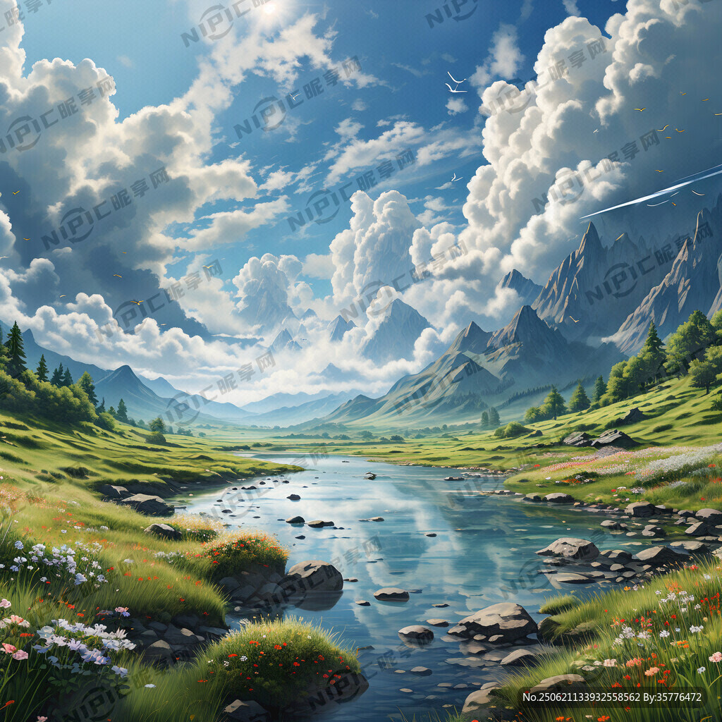 蓝天白云群山绿水草地