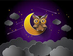 夜空中的猫头鹰与新月