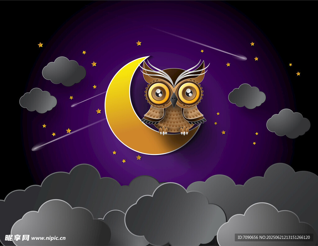 夜空中的猫头鹰与新月