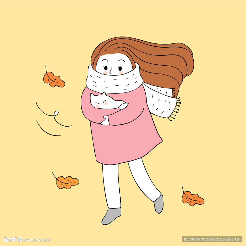 女孩在秋风中欢快漫步