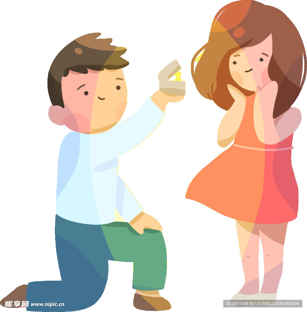 男孩跪地向女孩递戒指