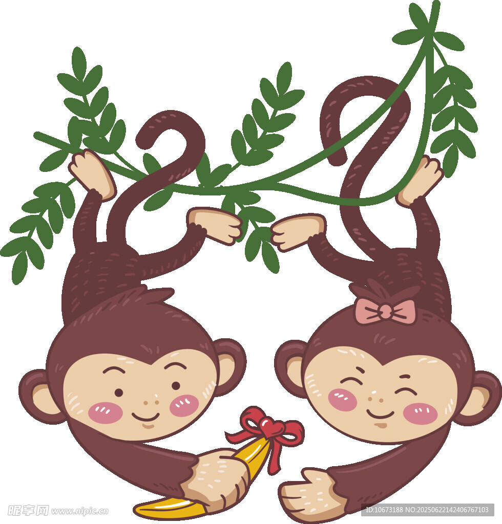 两只猴子树上嬉戏吃香蕉