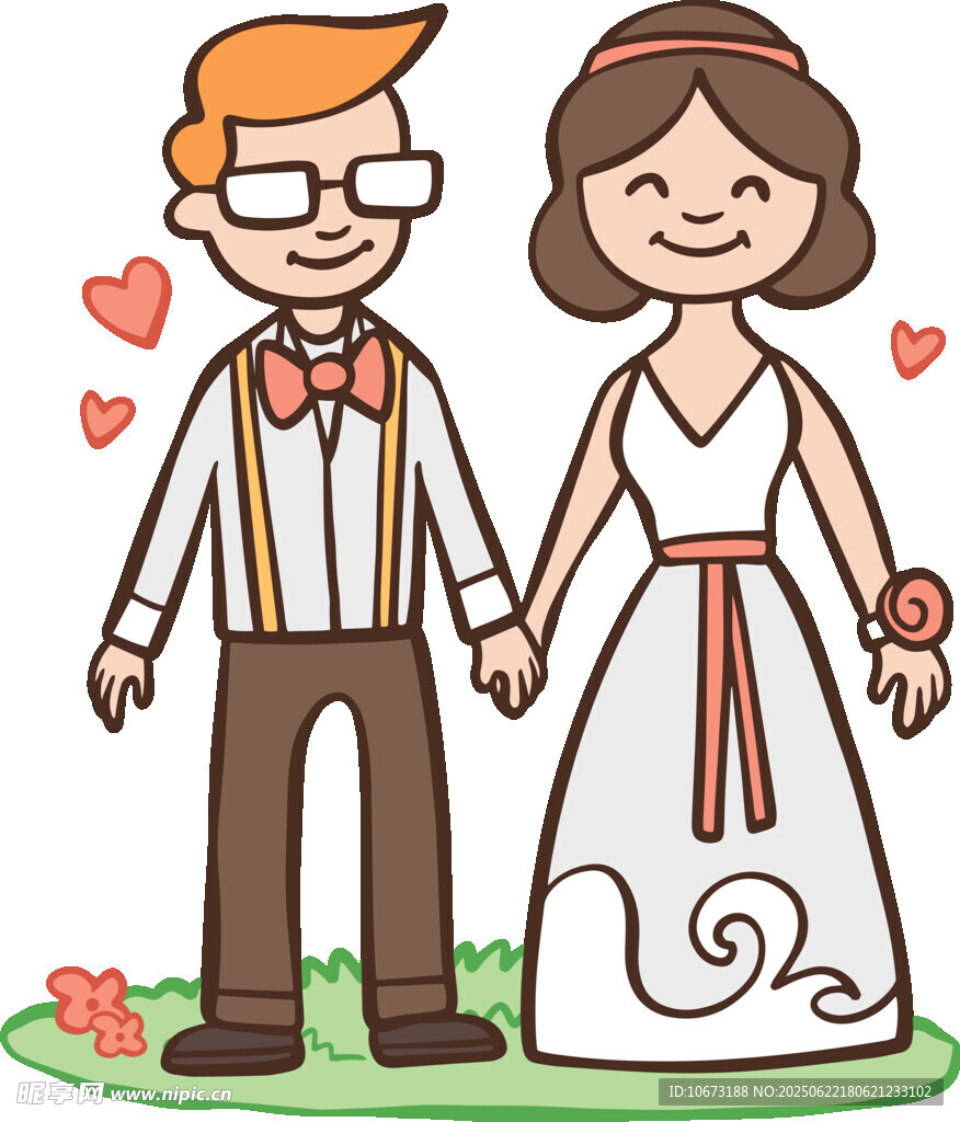 甜蜜牵手的新婚夫妇