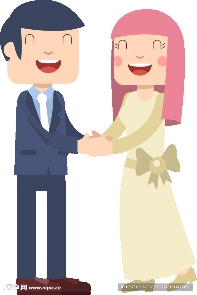 幸福牵手的卡通新婚夫妇