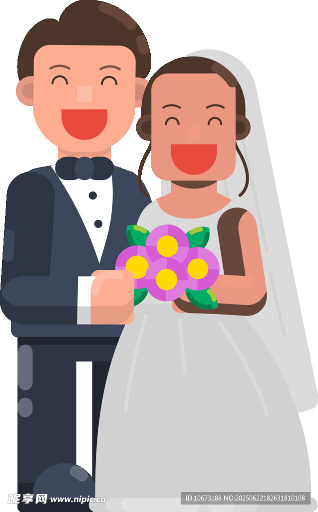 幸福新婚夫妇手捧花束