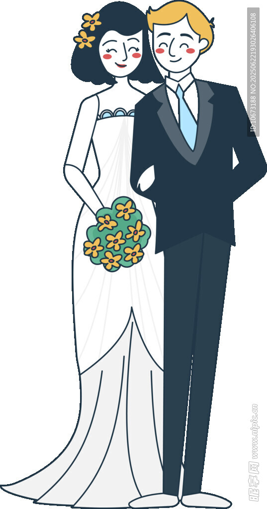 新婚夫妇甜蜜婚纱照插画