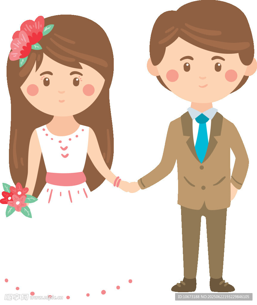 甜蜜牵手的卡通新婚夫妇