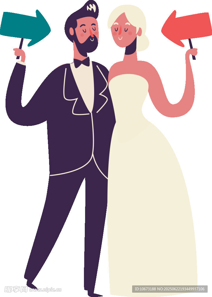 新婚夫妇手持方向箭头