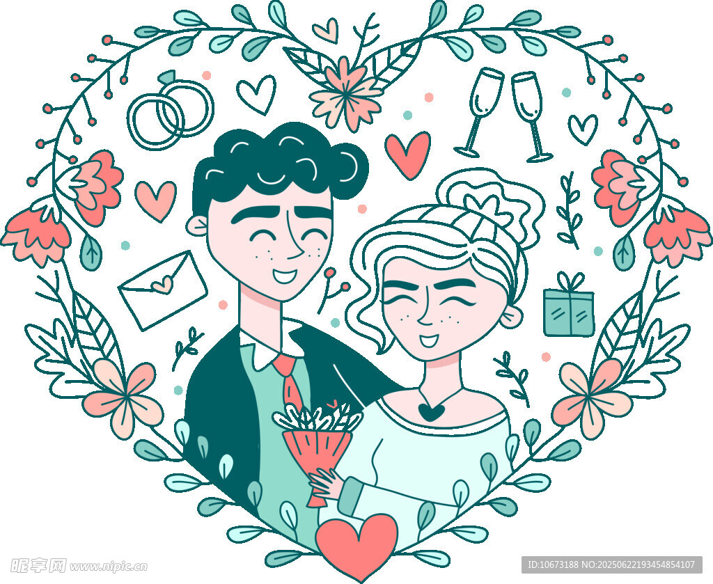 浪漫新婚夫妇甜蜜插画