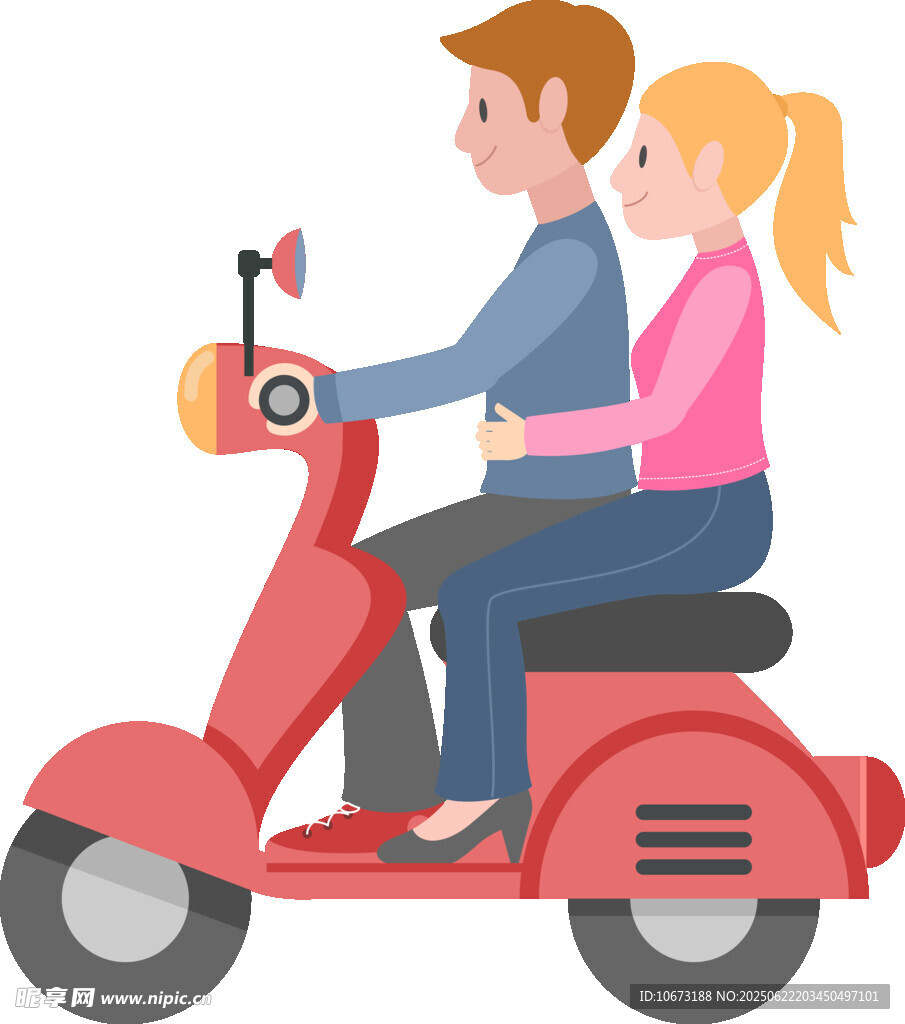 情侣共乘红色电动摩托车
