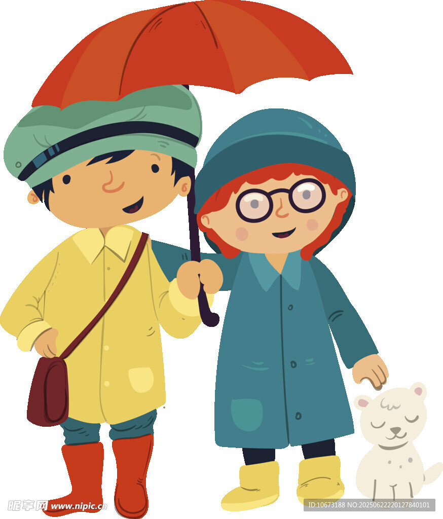 雨中孩童撑伞与宠物相伴