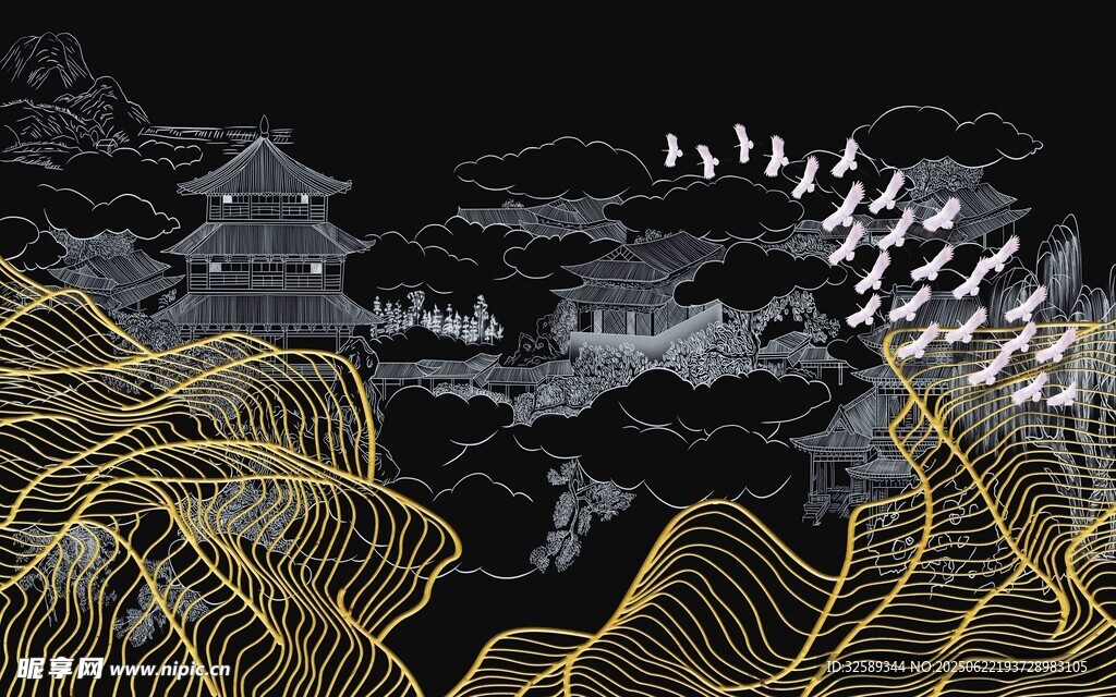 中式山水抽象线条艺术图