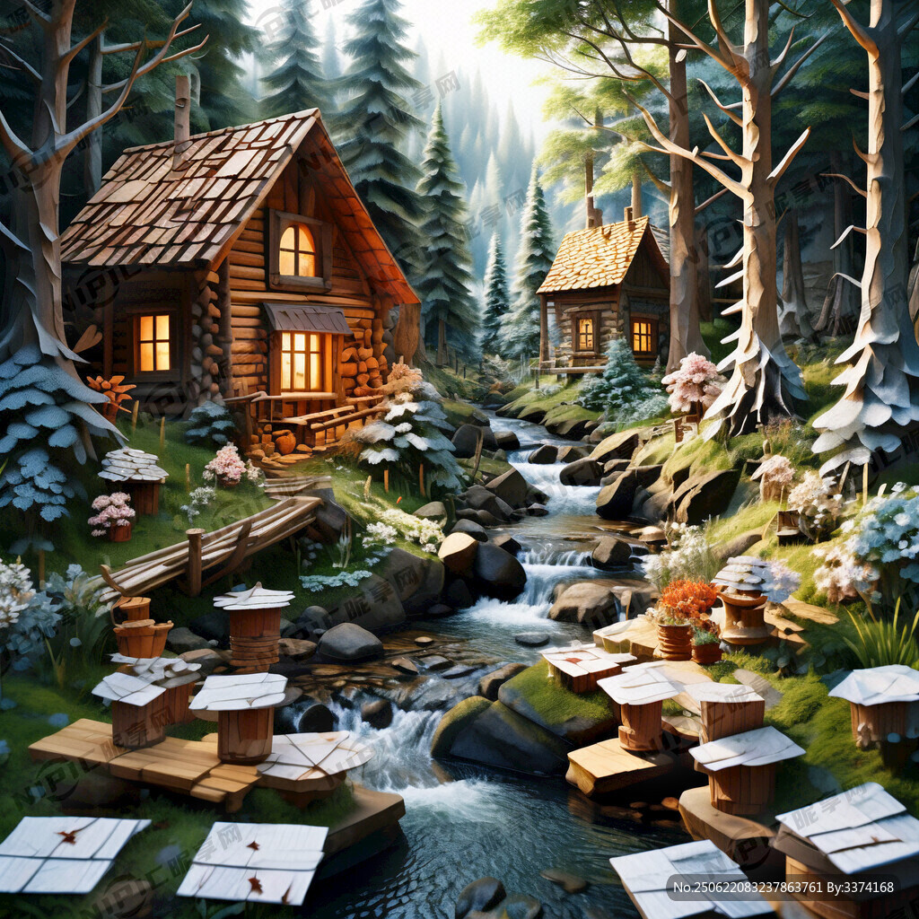 森林 小溪 木屋 纸杯