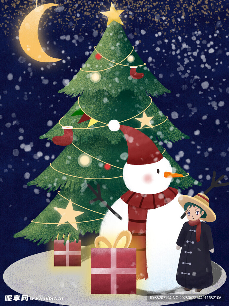 雪夜圣诞树旁的欢乐景象