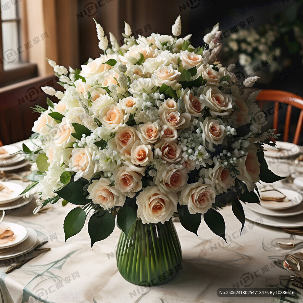 白绿色系鲜花桌花 玫瑰 白掌