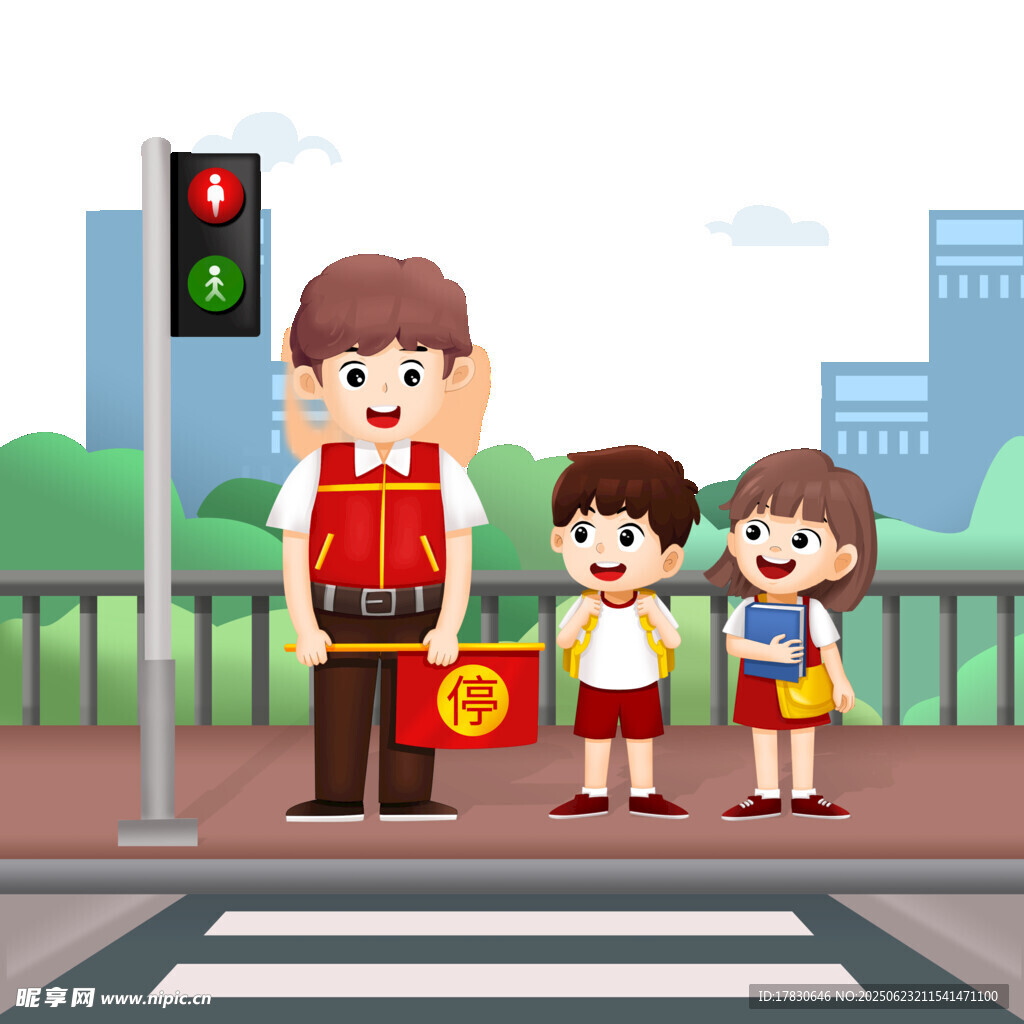 志愿者带孩子过马路