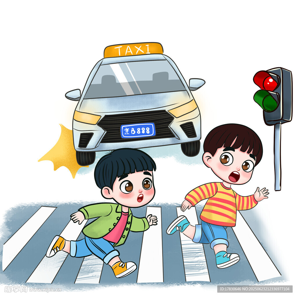 儿童过马路遇出租车闯红灯