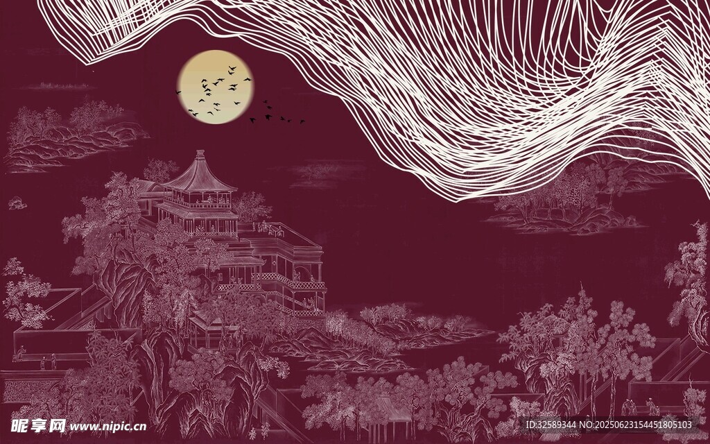 月夜下的中式古建筑景观