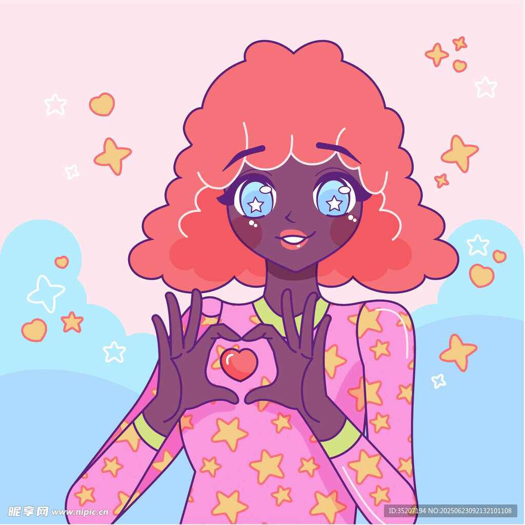 红发女孩比心的梦幻插画