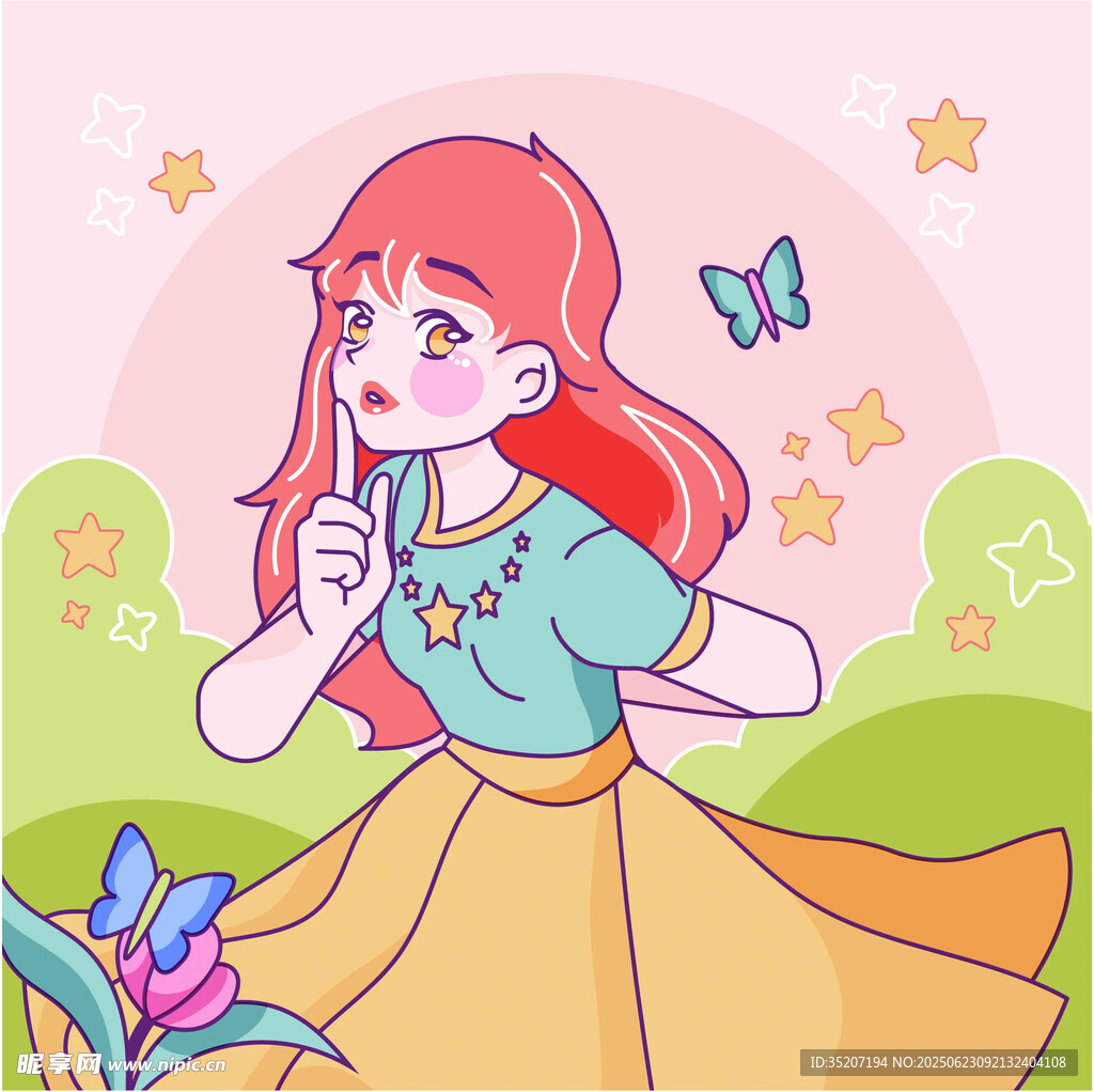 梦幻少女置身花草蝴蝶间