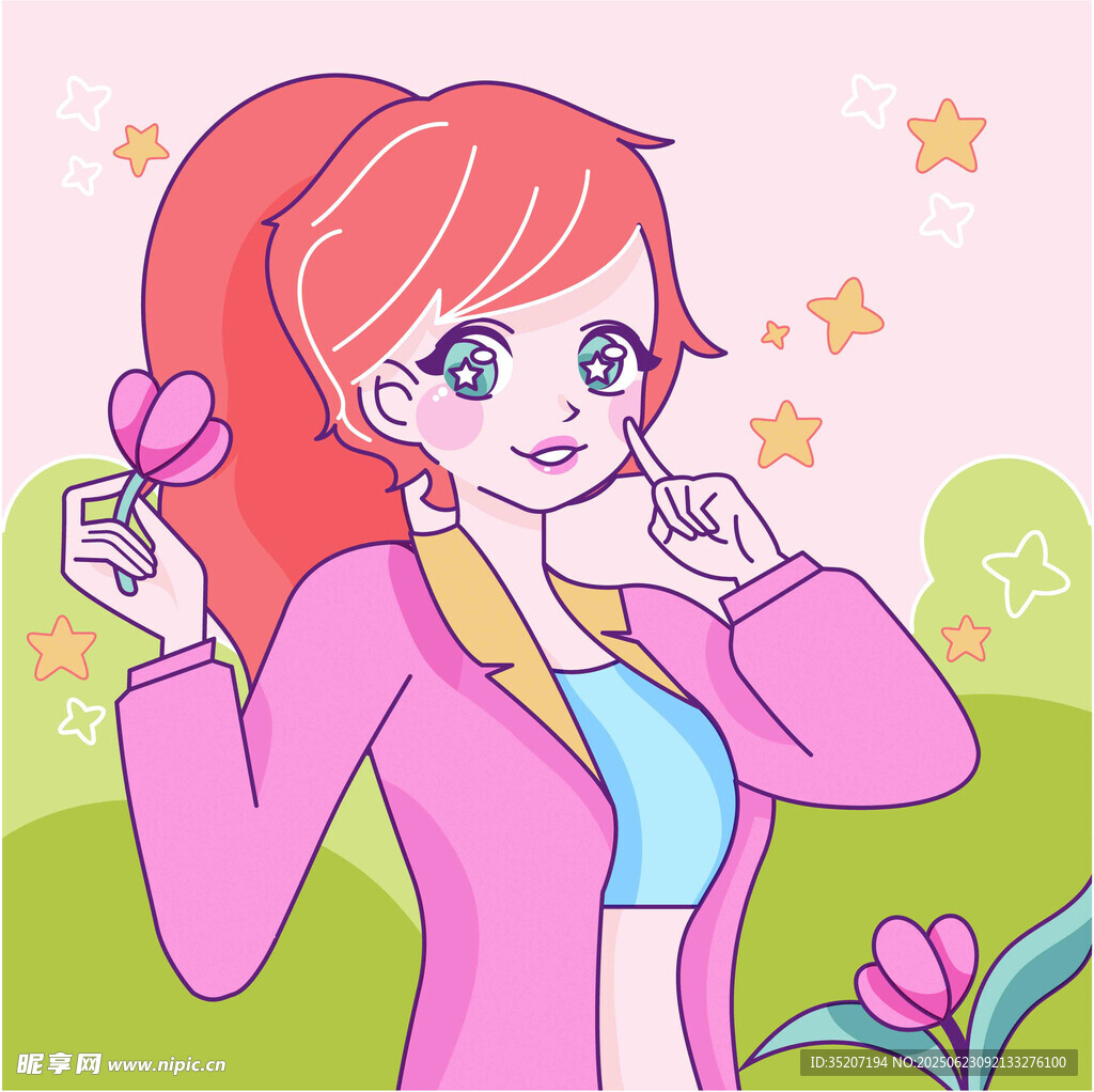 红发女孩手持花朵展笑颜