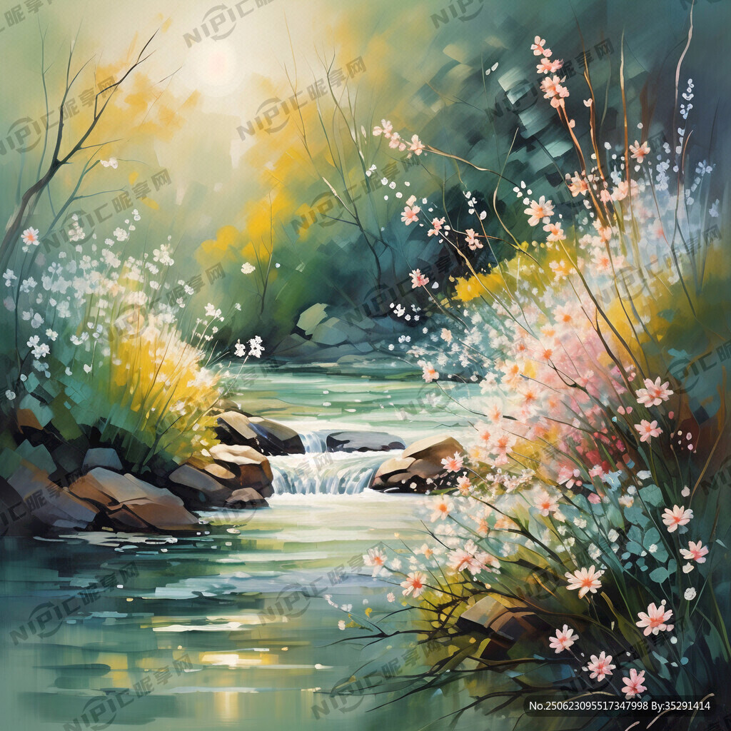 春日 淡绿色的油画背景 水流