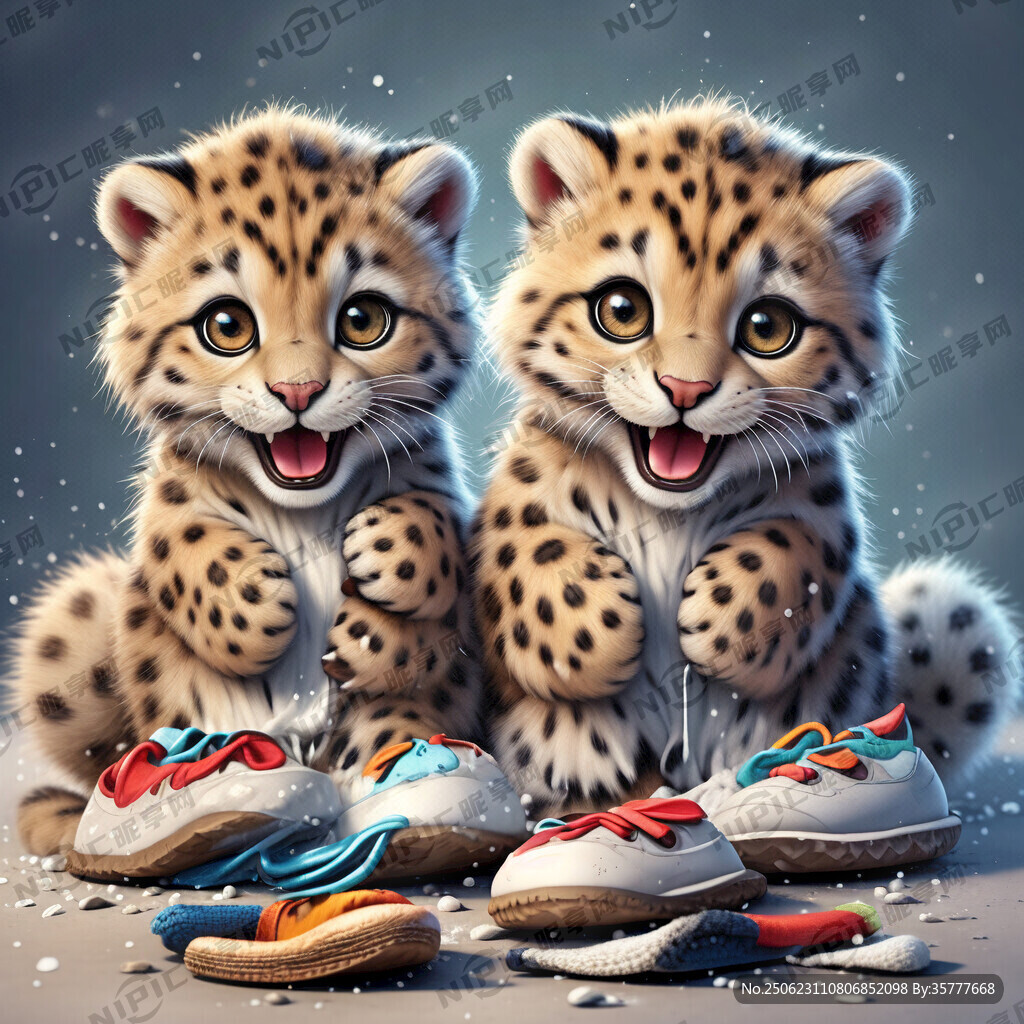 两只卡通彩色可爱雪豹洗鞋