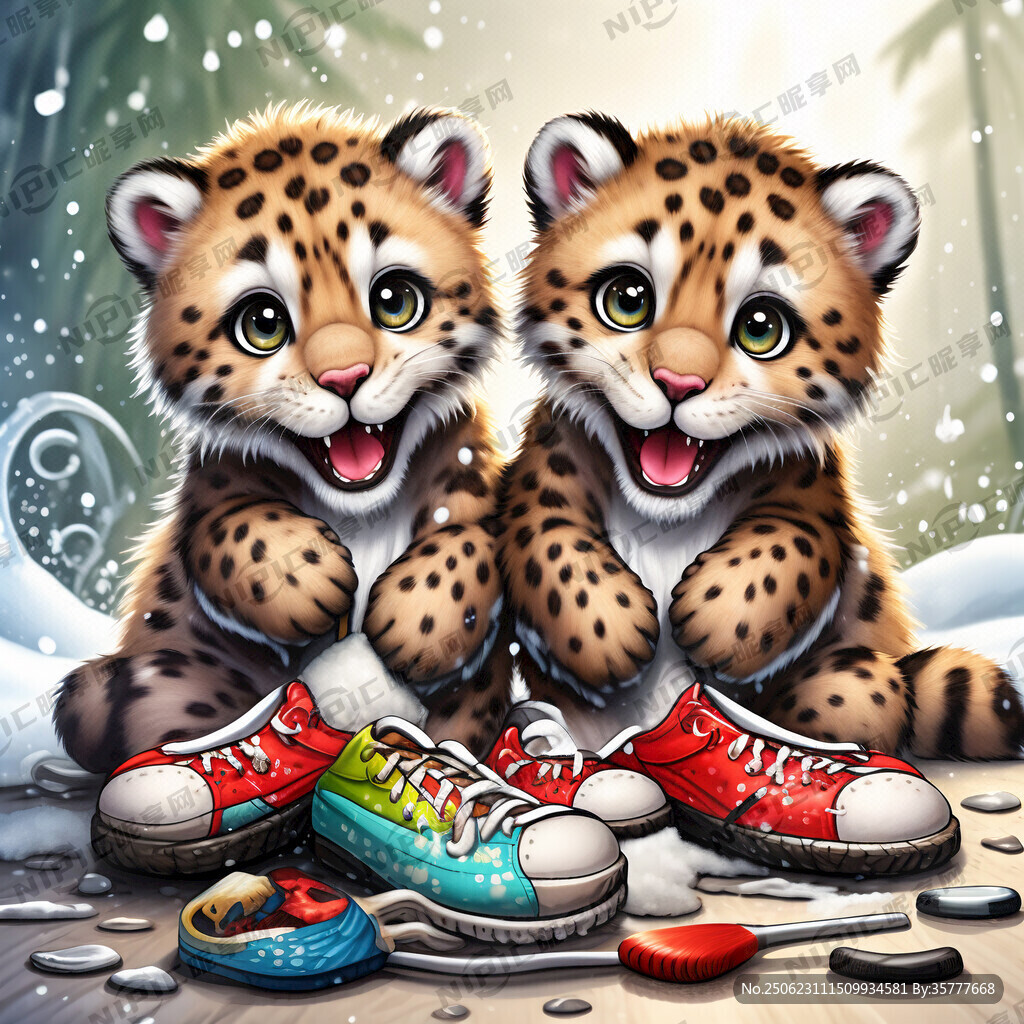 两只卡通彩色可爱雪豹洗鞋