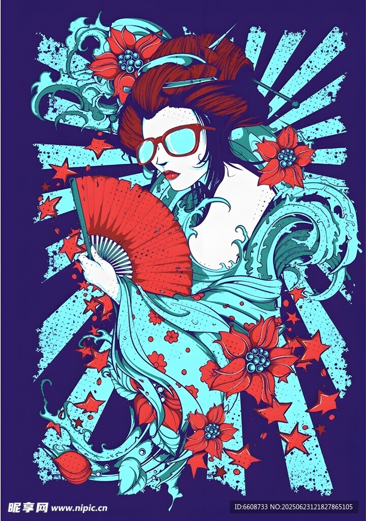 复古风女子持扇插画