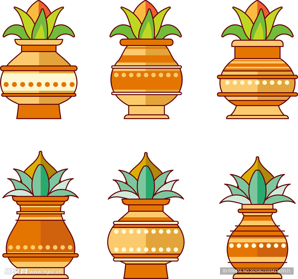 多彩陶罐植物插画