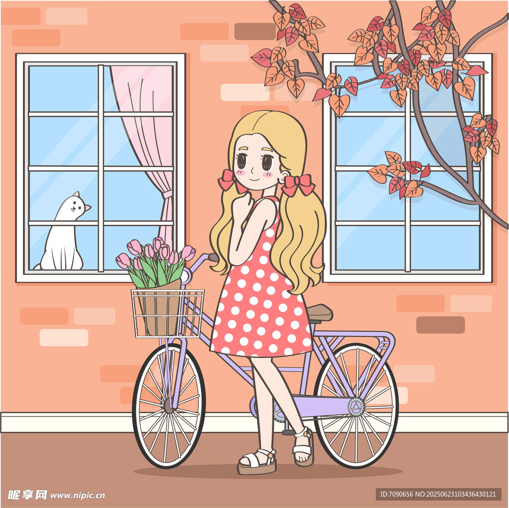 骑车少女与窗边猫咪