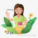 戴眼镜女孩与绿植和花朵