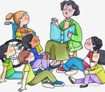 老师与学生围坐快乐阅读