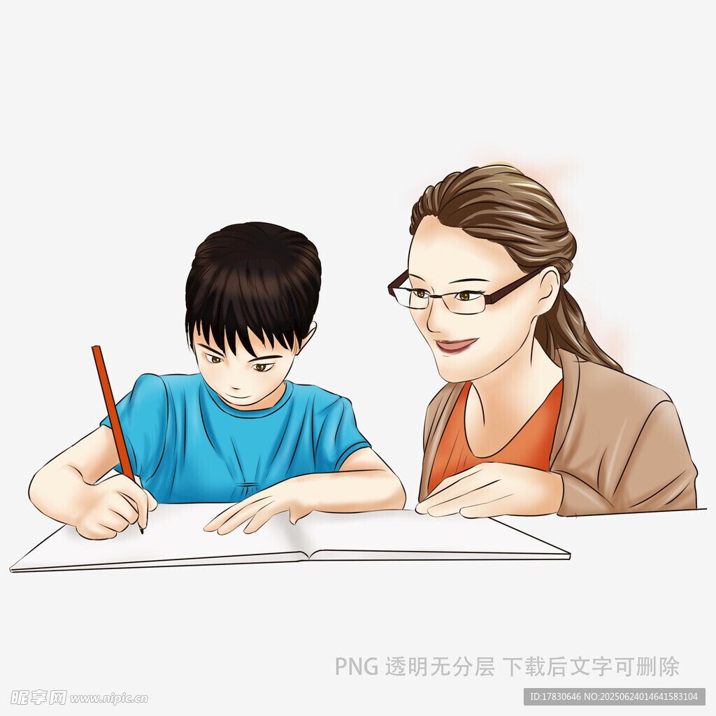 母亲陪伴孩子认真画画