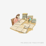 女孩专注于堆满书籍的桌前