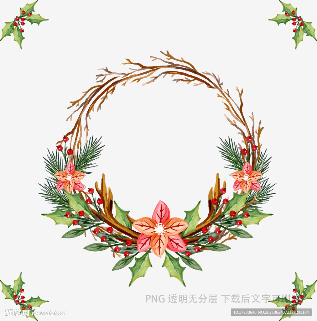 圣诞花卉花环装饰图案