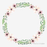 手绘花卉绿叶圆形花环