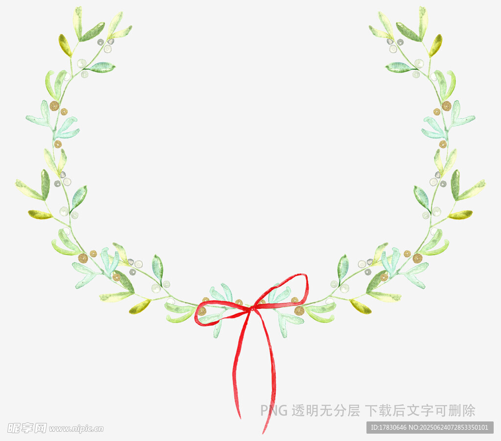 手绘绿叶花环带红蝴蝶结